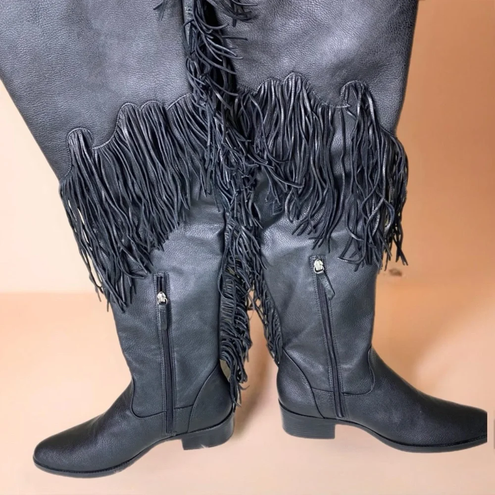 BLACK LEATHER SCHUTZ FRINGE OVER THE KNEE BOOTS - Picture 2 of 2